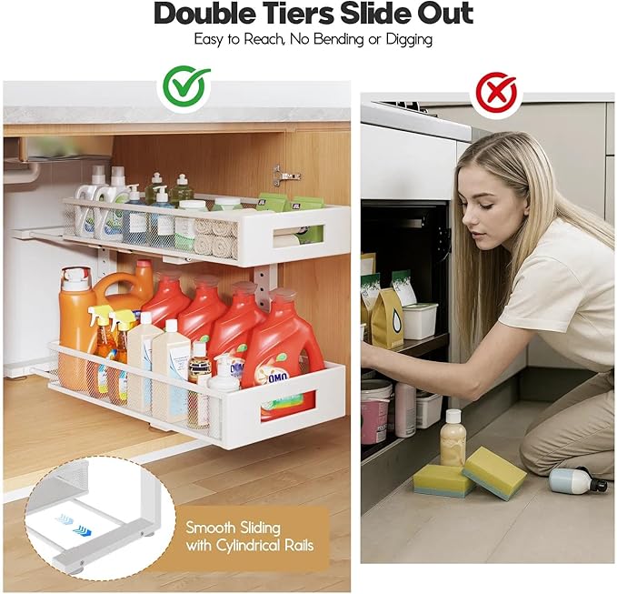 1 Pack 19IN Depth Under Sink Organizer, 2-Tier Pull Out Cabinet Organizer With Smooth Circular Rail, Large Capacity Metal Mesh Sliding Drawers For Bathroom& Kitchen Storage,Height Adjustable –White