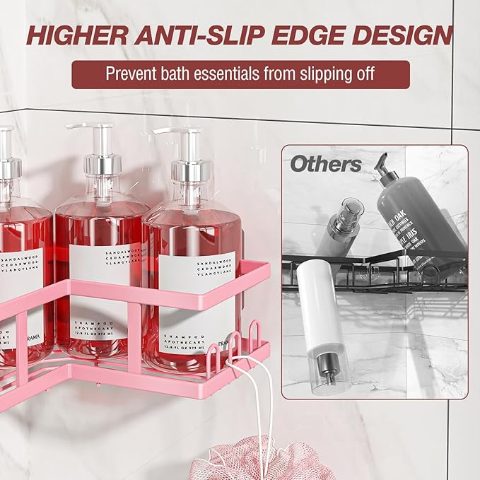 4-Pack Adhesive Corner Shower Caddy with Soap Holder, No Drilling Wall Mounted Shower Shelves-Rustproof, Organizer for Bathroom, Kitchen & Home Decor. Pink
