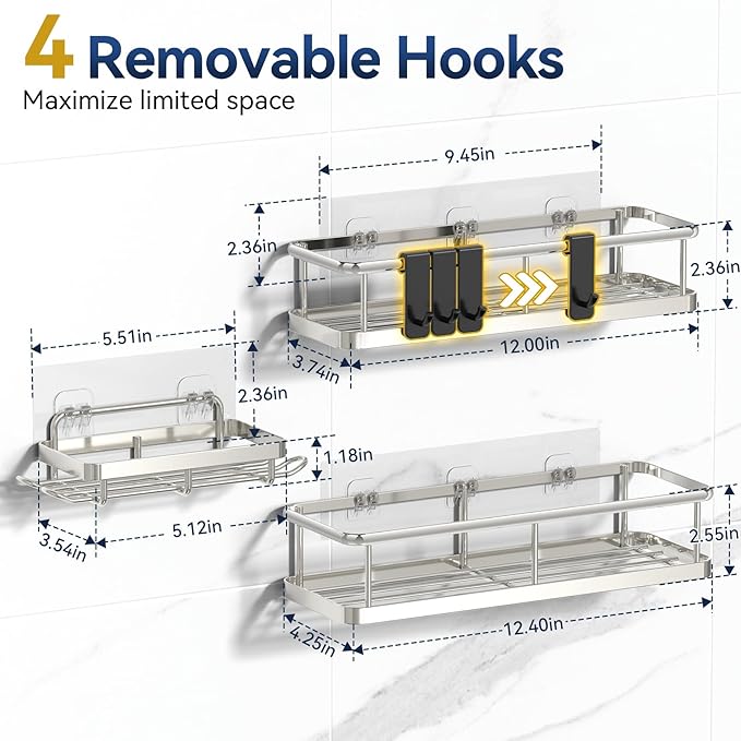 YASONIC Shower Caddy Adhesive, No Drill Bathroom Organizers, Rust Proof Shower Shelves, Wall-Mounted Shower Holder, Silver, 3 Pack