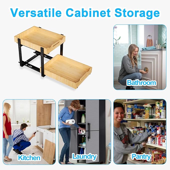 Golener Pull Out Cabinet Organizer - 2-Tier Slide Out Bamboo Drawers for Kitchen Cabinets, Bathroom Organizers and Storage, Under Sink Organizer for Kitchen Storage Organization with Coated Iron Frame