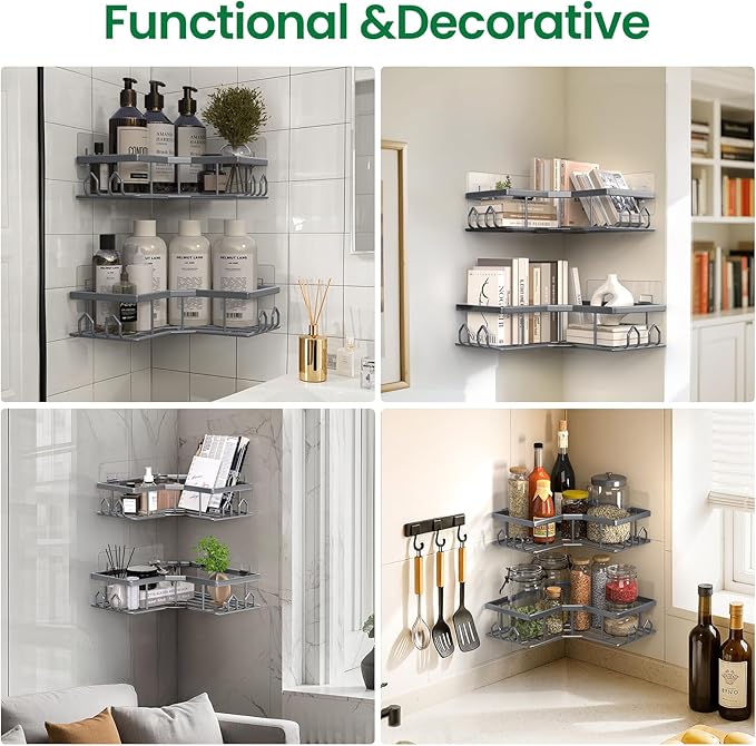 Adhesive Shower Caddy, 6 Pack Corner Bath Organizer, Rustproof Stainless Steel Shower Shelves with Large Capacity, No Drilling Shelves for Bathroom Storage, Home, Kitchen Decor (Dark Grey).