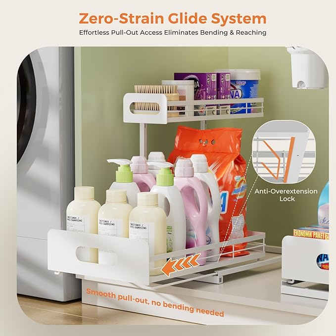 Delamu 2 Pack Metal Bathroom Organizers and Storage, 2 Tier Pull Out Under Sink Organizer for Kitchen Bathroom, Adjustable Under Sink Shelf for Multipurpose Cabinet Organizer, White