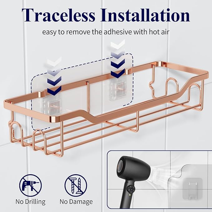 Kitsure Shower Caddy Large - Adhesive Shower Organizer, Stainless Steel Shelf for Inside Shower, No Drill Bathroom Organizers and Storage, Home Decor Accessories, 2 Pack, Rose Gold