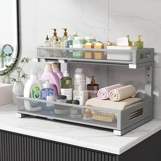 1 Pack 19IN Depth Under Sink Storage Organizer, Large 2-Tier Elegant Mesh Pull Out Shelf for Kitchen and Bathroom Cabinet Organization, L-Shaped and Adjustable Height Design-Gun Gray