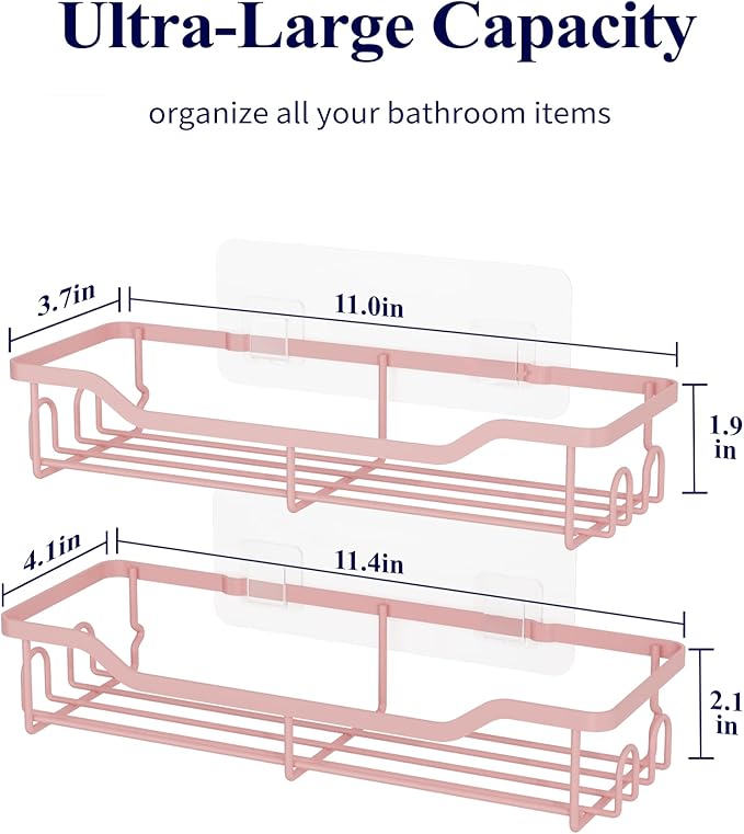 Kitsure Shower Caddy Large - Adhesive Shower Organizer, Stainless Steel Shelf for Inside Shower, No Drill Bathroom Organizers and Storage, Home Decor Accessories, 2 Pack, Pink