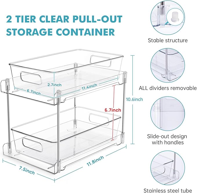 2 Pack Clear Bathroom Organizers and Storage, 2 Tier Pull Out Under Sink Cabinet Organizer Plastic Drawer Organization and Storage for Bathroom and Kitchen