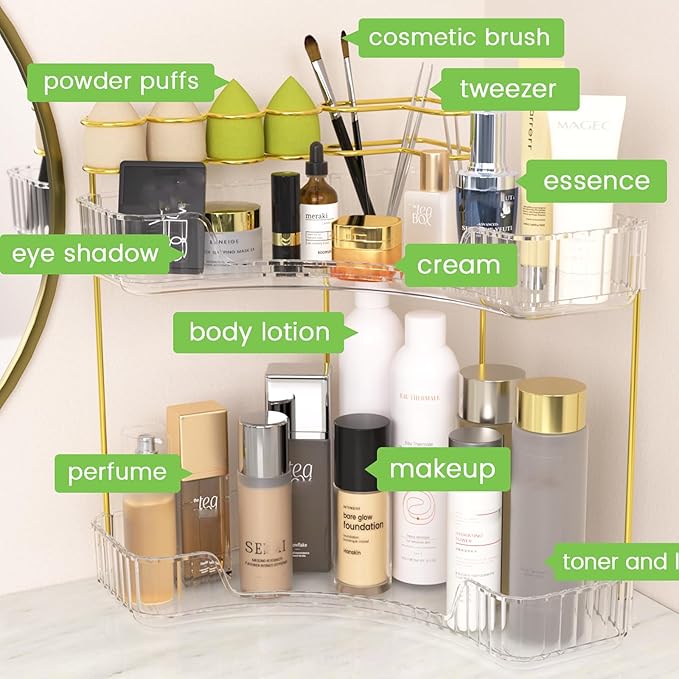 NATURE'S SOURCE Makeup Organizer for Vanity, 2-Tier Corner Bathroom Organizer Countertop with Makeup Brush Holder, Corner Counter Storage for Bathroom Dresser-Clear