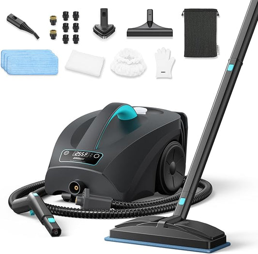 Steam Cleaner: 40s Fast Heating-0.66Gal (2.5L) Large Tank-21 PCS Kit-No Cooling-Refill Anytime-Detachable Hose Steamer Mop for Home Grout Tile Shower Floor Cleaning Black