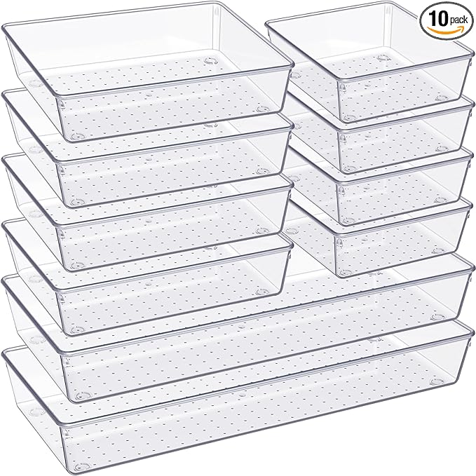Criusia Drawer Organizer, 10 Pack Large Clear Plastic Set, 3 Size Versatile Bathroom and Vanity Organizer Trays, Storage Bins for Makeup, Bedroom, Kitchen Utensils