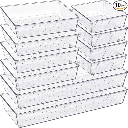 Criusia Drawer Organizer, 10 Pack Large Clear Plastic Set, 3 Size Versatile Bathroom and Vanity Organizer Trays, Storage Bins for Makeup, Bedroom, Kitchen Utensils