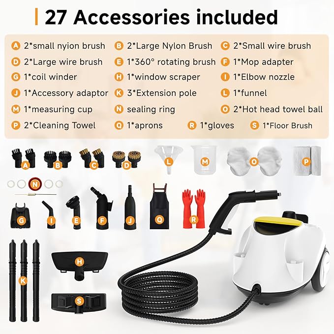 Steam Cleaner, with 27 Accessories, 2000W Portable Household Steamer, with 2.1L Tank and 6M Extra-Long Power Cord for Floor Cleaning,Tile, Carpet, Furniture, Upholstery, Grout, Kitchen, Car (white)