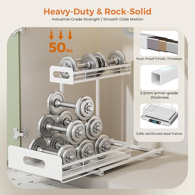 Delamu 2 Pack Metal Bathroom Organizers and Storage, 2 Tier Pull Out Under Sink Organizer for Kitchen Bathroom, Adjustable Under Sink Shelf for Multipurpose Cabinet Organizer, White