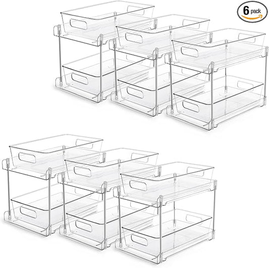 Vtopmart 6 Pack Bathroom Organizer, 2 Tier Clear Under Sink Organizers Vanity Countertop Storage Container,Cabinet Drawers Bins, Pull-Out Organization with Track for Pantry, Kitchen