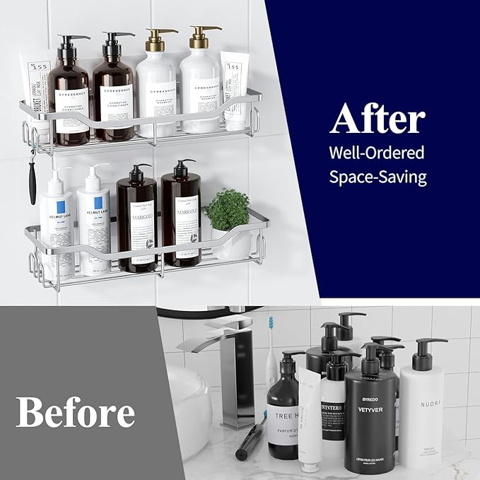 Kitsure Shower Caddy Large - Adhesive Shower Organizer, Stainless Steel Shelf for Inside Shower, No Drill Bathroom Organizers and Storage, Home Decor Accessories, 2 Pack, Sliver