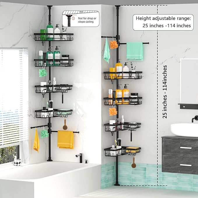 Shower Caddy Tension Pole Corner with 4 Removable Baskets & 2 Towel Bar - Expandable Shower Caddy Corner Adjustable 25-114.2 Inches Upgraded Bath Organizer for Tub(Stainless Steel, Black)