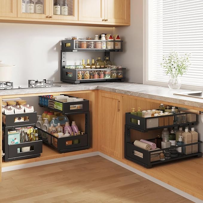 1 Pack 19IN Depth Under Sink Organizer, 2-Tier Pull Out Cabinet Organizer With Smooth Circular Rail, Large Capacity Metal Mesh Sliding Drawers For Bathroom& Kitchen Storage,Height Adjustable-Black