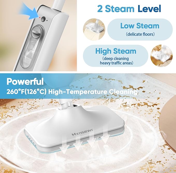 Steam Mop All-in-one Multi-Functional Powerful Steam Cleaner, Handheld Detachable Floor Steamer with 2 Steam Level, 380ML Water Tank & 23FT Power Cord for Whole Home Use（White