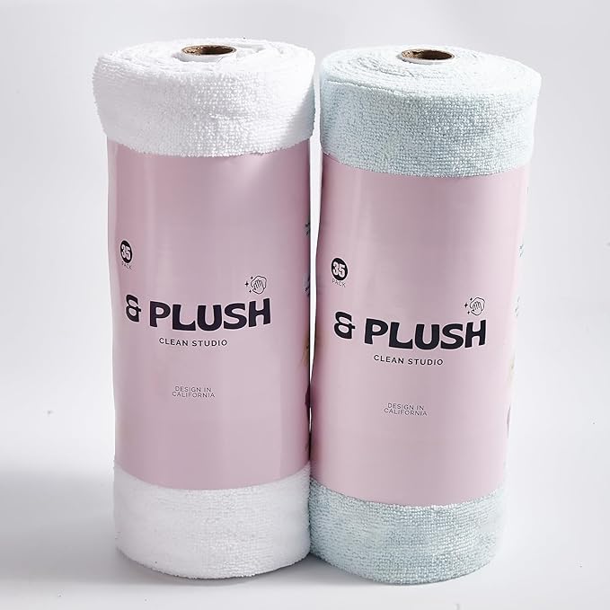 & PLUSH Microfiber Cleaning Cloth Roll - 70 Pack, Tear Away Microfiber Towels, 12" x 12", Reusable, Washable, Streak Free, Ultra Absorbent Dish Rags for Car, Home, Garage or Shop (Blue and White)