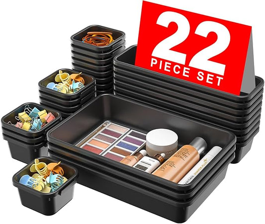 A-LuGei 【𝟮𝟮𝗣𝗖𝗦】 Plastic Black Desk Drawer Organizer, Bathroom Organizers and Storage, Makeup Organizer, Organization and Storage Bin Container for Vanity Office Utensils Tool Pantry Cosmetic
