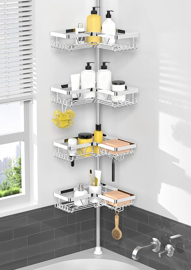 KEGII Corner Shower Caddy Tension Pole - Chrome 4-Tier Adjustable Shower Tension Rod Organizer with Hooks & Soap Holders, 25-114.2 Inch Stainless Steel Shower Storage Rack for Renters & Family