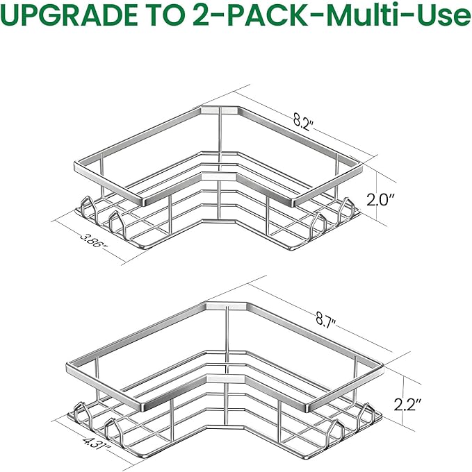 esive Shower Caddy, 2 Pack Corner Bath Organizer, Rustproof Stainless Steel Shower Shelves with Large Capacity, No Drilling Shelves for Bathroom Storage, Home, Kitchen Decor (Silver).