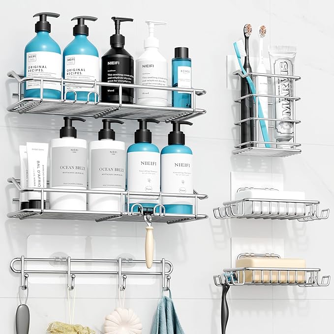 Nieifi Shower Caddy Shelf with Hooks Storage Rack Organizer Adhesive Stainless Steel without Drilling for Bathroom, Lavatory, Washroom, Restroom, Shower, Toilet, Kitchen (Sliver, 6 Pack)