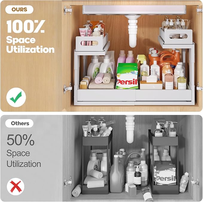 1 Pack Expandable Under Sink Organizers And Storage With Upgrade Ball-Bearing Slide Tracks,2-Tier Pull Out Under Cabinet Organizer Height Adjustable,Slide Out Under Sink Drawers-White(Patent Pending)