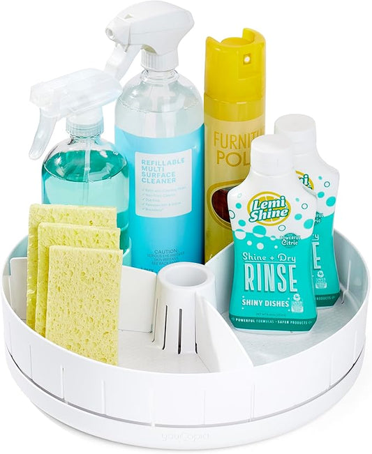 YouCopia SinkSuite Under Sink Turntable with Adjustable Dividers, Lazy Susan Organizer for Kitchen or Bathroom Storage, White