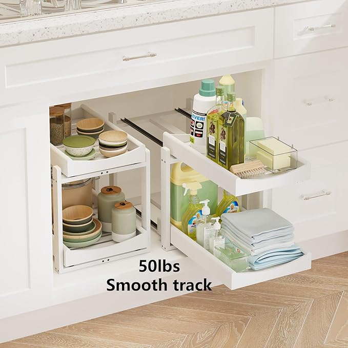 Bamboo Under Sink Organizer Adjustable Height 2 Tier Bathroom Organizer Pull Out Cabinet Storage Kitchen Heave Duty Wood Slide Ou Shelf for Kitchen Bathroom (White, 2 Packs)