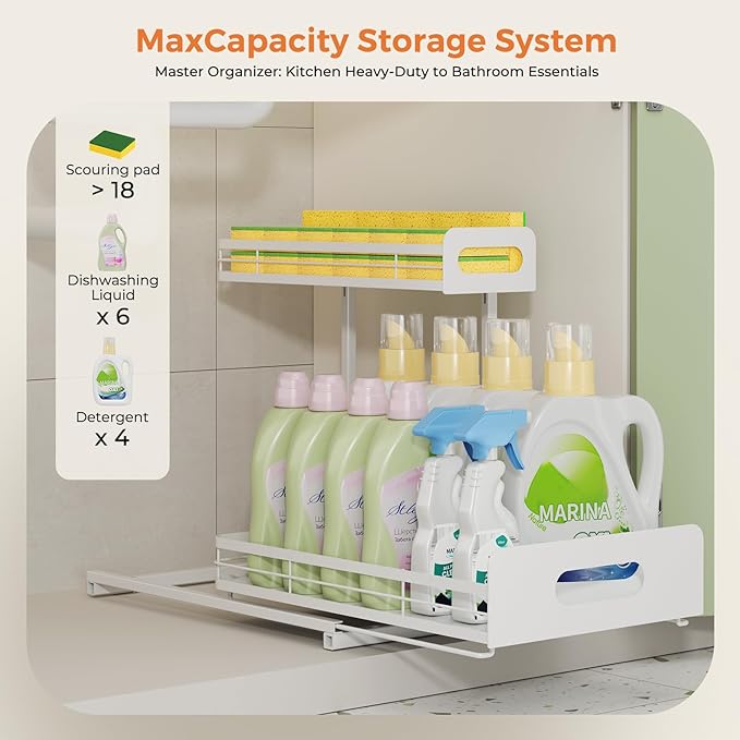 Delamu 2 Pack Metal Bathroom Organizers and Storage, 2 Tier Pull Out Under Sink Organizer for Kitchen Bathroom, Adjustable Under Sink Shelf for Multipurpose Cabinet Organizer, White