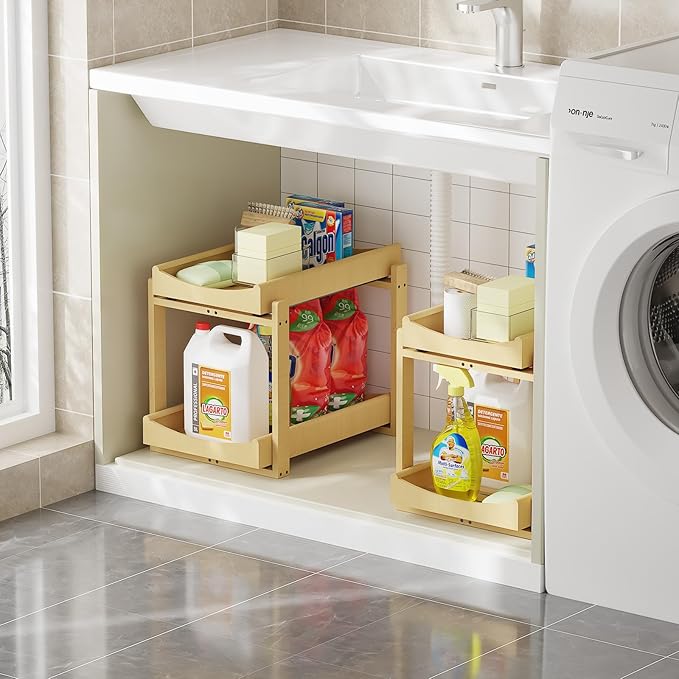 Bamboo Under Sink Organizer Adjustable Height 2 Tier Bathroom Organizer Pull Out Cabinet Storage Kitchen Heave Duty Wood Slide Ou Shelf for Kitchen Bathroom (Black, 2 Packs) (Nature, 2 Packs)