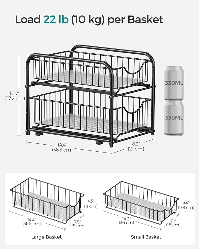 SONGMICS 4-Tier Pull Out Cabinet Organizers, Under Sink Organizer, Bathroom Organizer and Storage, Sliding Basket Drawers, Stackable for Kitchen, Bathroom, Ink Black UKCS017B02