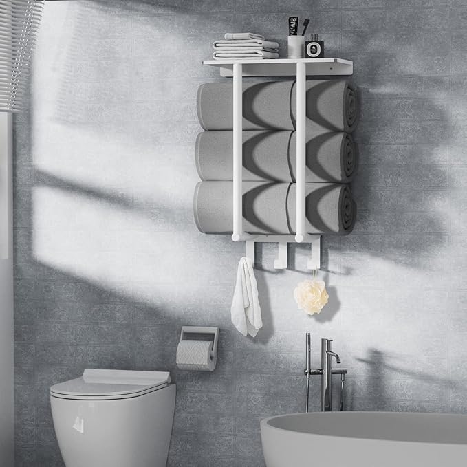 Towel Rack with Shelf and 3 Hooks, Bethom Towel Holders for Bathroom Wall Mounted, Metal White Towel Racks can Hold 3 Large Bath Sheets Blanket