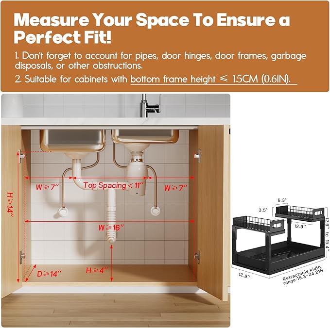 1 Pack Expandable Under Sink Organizers And Storage With Upgrade Ball-Bearing Slide Tracks,2-Tier Pull Out Under Cabinet Organizer Height Adjustable,Slide Out Under Sink Drawers-Black(Patent Pending) | Expandable, Under Sink, Pull Out, Height Adjustable