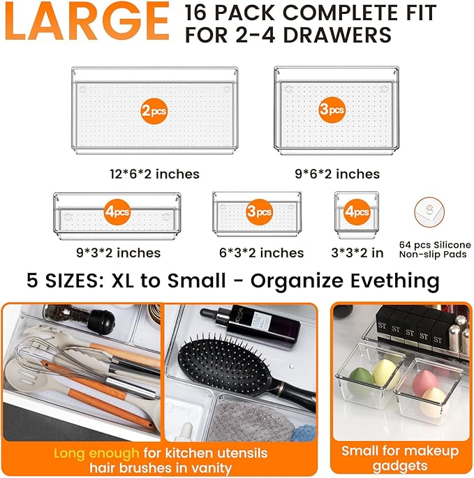 Criusia 16 Pack Large Clear Plastic Drawer Organizer Bins - 5 Size Acrylic Bathroom and Vanity Organizers and Storage Trays for Makeup Office Home, Kitchen Drawer Organizer for Utensils, Gadgets