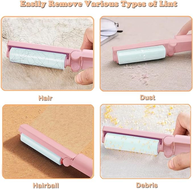 Mini Reusable Lint Roller for Travel, 6 Pack Washable Foldable Lint Remover with Sticky Gel, Portable, Compact and Easy to Clean for Clothes and Luggage Use (Pink)