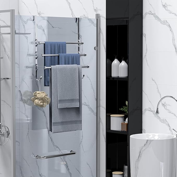 Over The Door Towel Rack, Extendable Triple Towel Storage Holder with Hooks, 24.02 Inches Towel Bar Hanger Towel Racks for Bathroom (Silver)