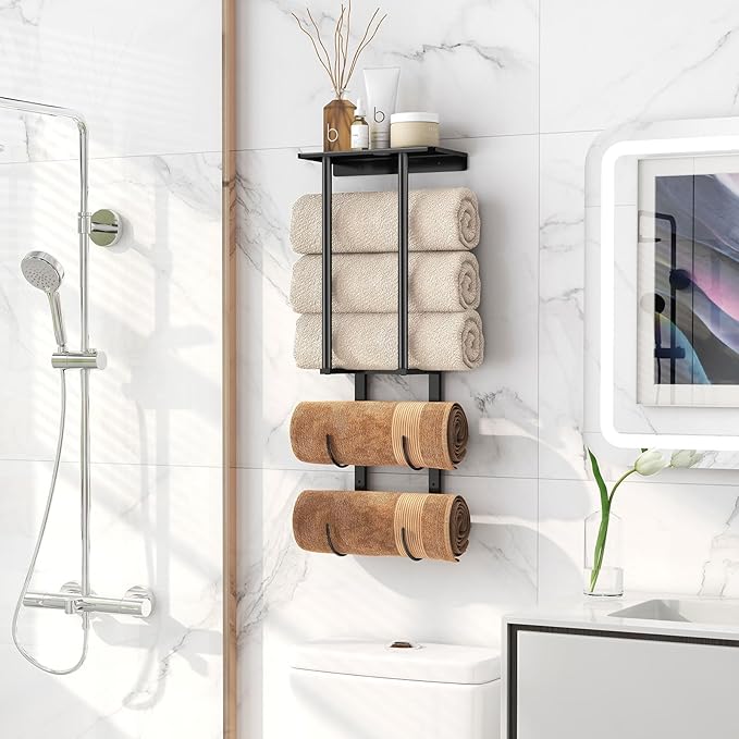 Towel Racks for Bathroom, Bathroom Towel Rack Wall Mounted with 2 Tiers Rolled Towel Holder, Towel Storage can Holds 3 Large Rolled Towels, Black