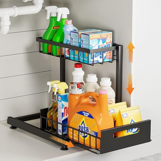 Under Sink Organizer Storage 2-Tier Premium Metal Pull-Out Kitchen Cabinet Organizer with Sliding Drawer, Height Adjustable, Heavy Duty for Kitchen & Bathroom Organizers 1 Pack Black