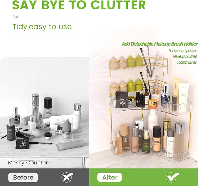 NATURE'S SOURCE Makeup Organizer for Vanity, 2-Tier Corner Bathroom Organizer Countertop with Makeup Brush Holder, Corner Counter Storage for Bathroom Dresser-Clear