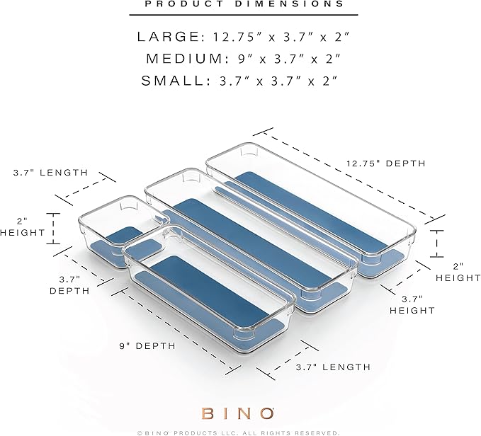 BINO | 4-Piece Drawer Organizer Bin Set - Navy, Small | THE MODULAR+ | Multi-Purpose Storage | Soft-Grip Lining and Non-Slip Rubber Feet | Durable | BPA-Free | Desk Drawer Organizer | Vanity Organizer