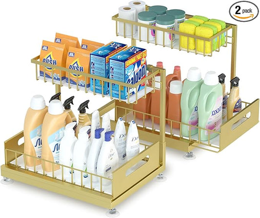 Under Sink Organizer Storage 2-Tier Premium Metal Pull-Out Kitchen Cabinet Organizer with Sliding Drawer, Height Adjustable, Heavy Duty for Kitchen & Bathroom Organizers 2 Pack Gold