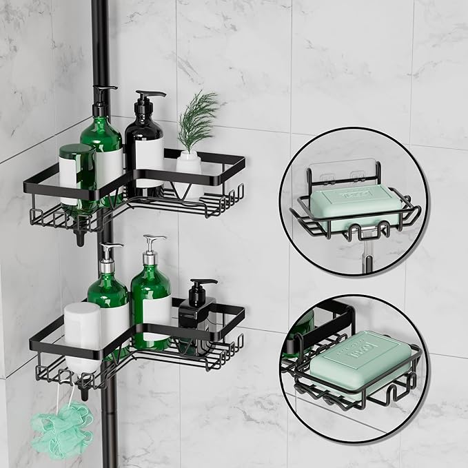 Tension Pole Shower Caddy, 4-Tier Stainless Steel Shower Organizer with 2 Removable Soap Holders, 25 to 114.2 Inches, for Bathtub/Bathroom Corner, Renters Friendly, Black