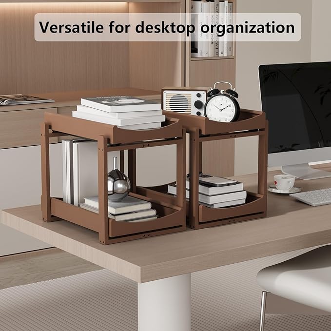 Bamboo Under Sink Organizer Adjustable Height 2 Tier Bathroom Organizer Pull Out Cabinet Storage Kitchen Heave Duty Wood Slide Ou Shelf for Kitchen Bathroom (Black, 2 Packs) (Brown, 2 Packs)