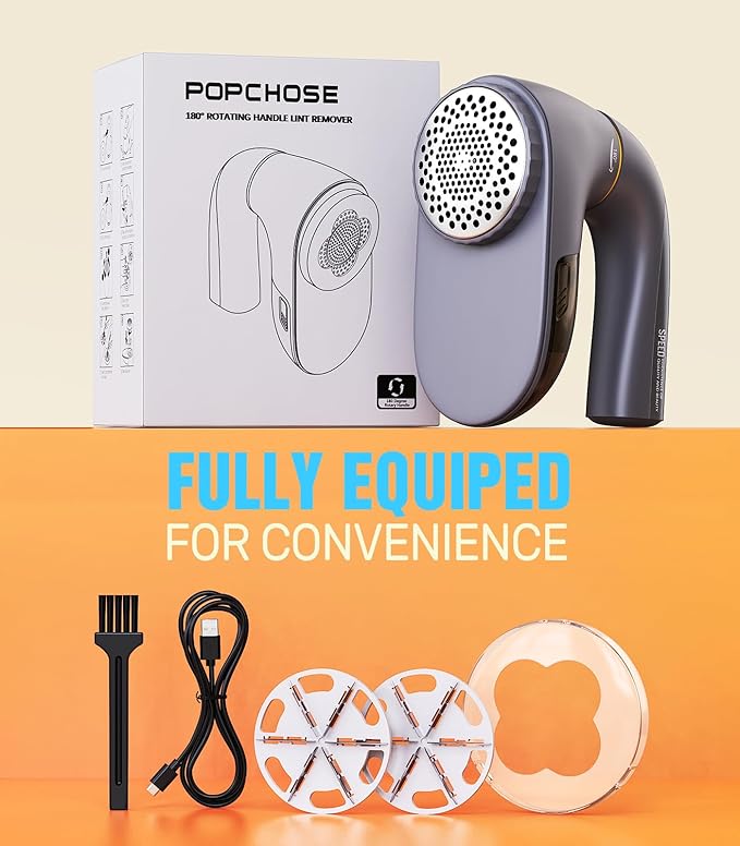 POPCHOSE Fabric Shaver, Lint Remover for Clothes, Lint Shaver with 6-Leaf Blades, 2 Speed Sweater Shavers to Remove Pilling for Clothing, Couch, Furniture, Fuzz, USB Rechargeble, Gray…