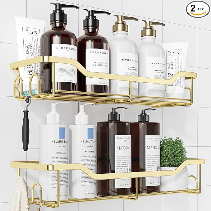 Kitsure Shower Caddy Large - Adhesive Shower Organizer, Stainless Steel Shelf for Inside Shower, No Drill Bathroom Organizers and Storage, Home Decor Accessories, 2 Pack, Gold