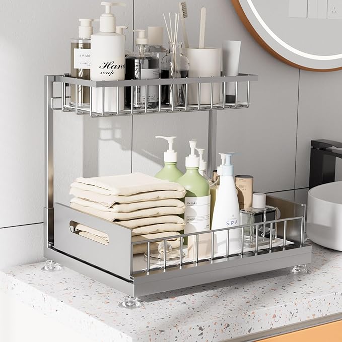 Under Sink Organizer Storage 2-Tier Premium Metal Pull-Out Kitchen Cabinet Organizer with Sliding Drawer, Height Adjustable, Heavy Duty for Kitchen & Bathroom Organizers 1 Pack Grey