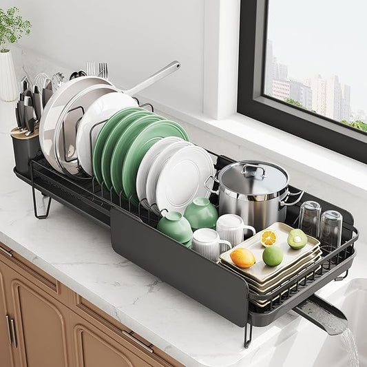SNTD Large Dish Drying Rack - Expandable (19.3" to 29.4") Dish Rack for Kitchen Counter, Stainless Steel Dish Drainer with Utensil Holder, Pan Holder & Pot Lid Holder, Black