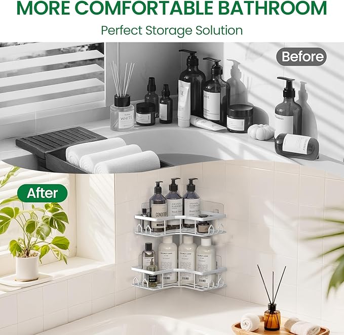 Adhesive Shower Caddy, 2 Pack Corner Bath Organizer, Rustproof Stainless Steel Shower Shelves with Large Capacity, No Drilling Shelves for Bathroom Storage, Home, Kitchen Décor (White).