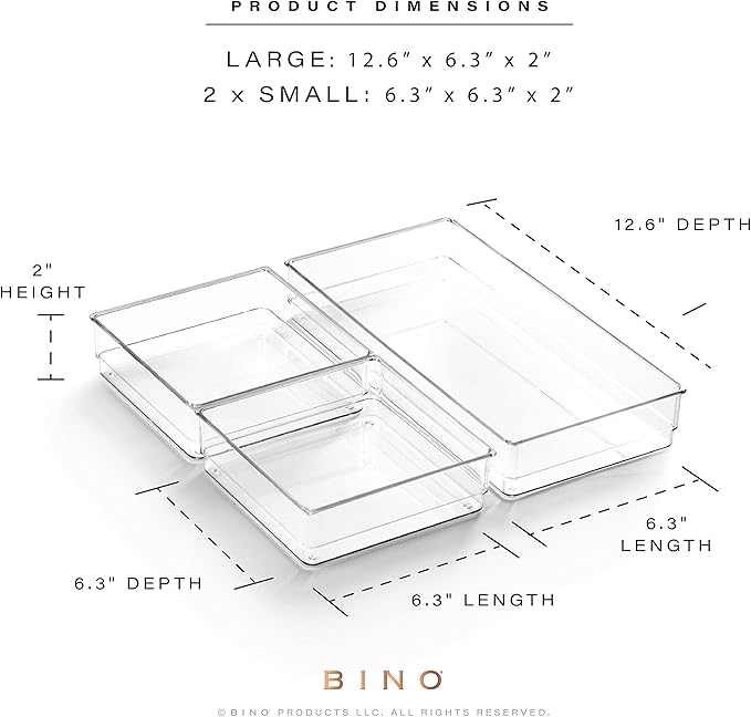 BINO | 3-Piece Drawer Organizer Bin Set | THE MODULAR | Multi-Purpose Storage | Durable | BPA-Free | Desk Drawer Organizer | Vanity Organizers | Bathroom & Makeup Organizers